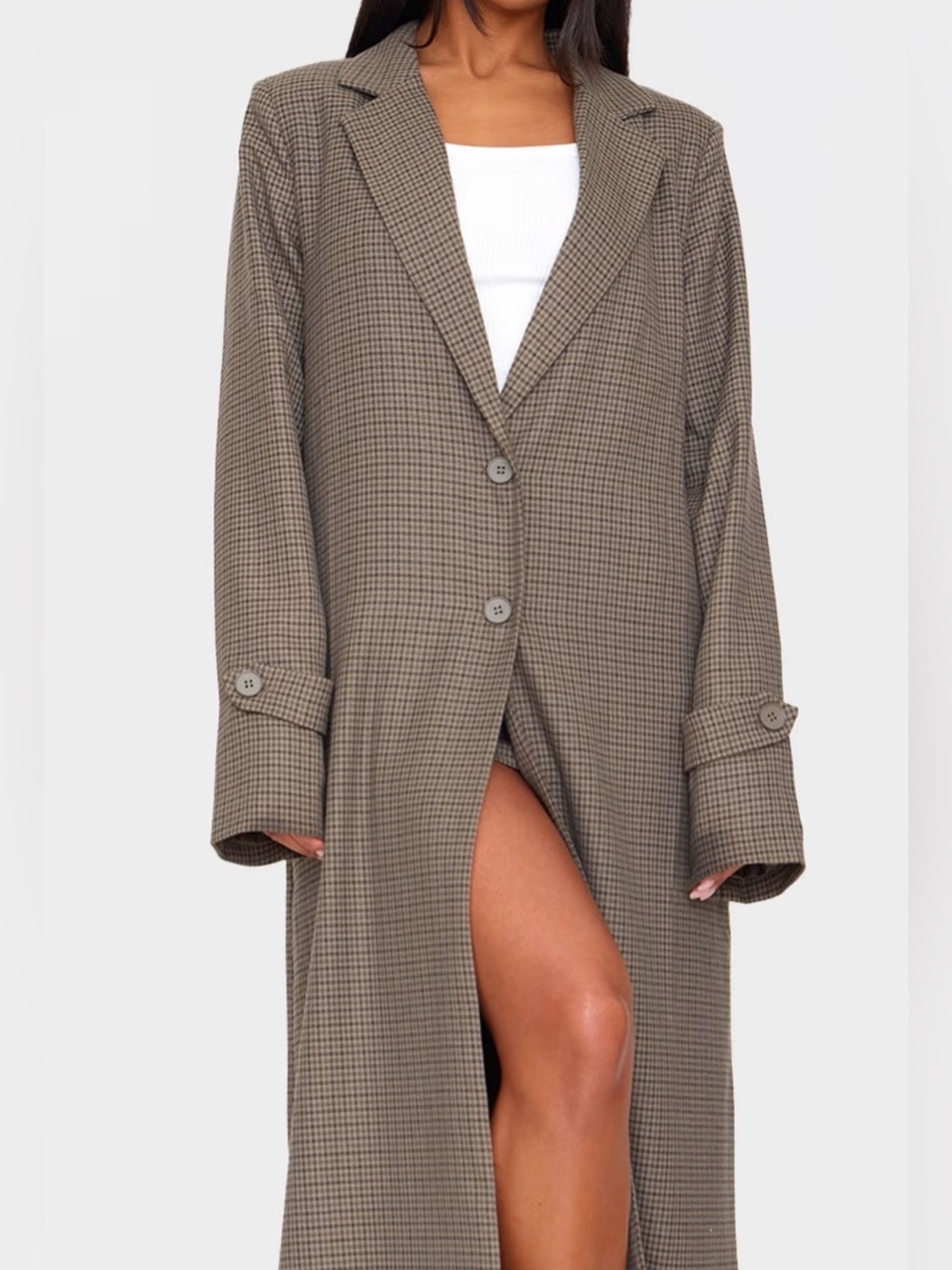 PrettyLittleThing Brown Houndstooth Longline Duster Coat - Picture 4 of 16